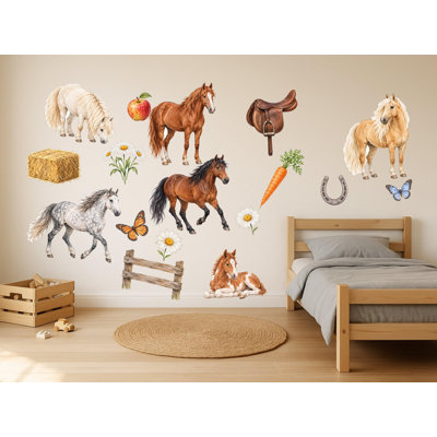 Horse And Pony Wall Decals, Set of 16 Peel and Stick Nursery Wall Stickers, Satin Finish Removable Kids Room Wall Art, 20"W x 20"H (50 x 50 cm)