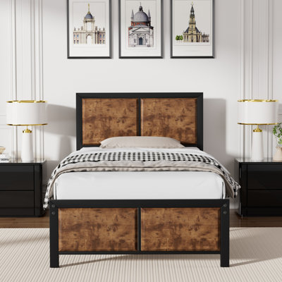 Kempst Twin Size Brown Metal Bed Frame with Wooden Headboard & Footboard, Rustic Farmhouse Platform Bed with Heavy Duty Steel Slats Support, No Box Spring Needed