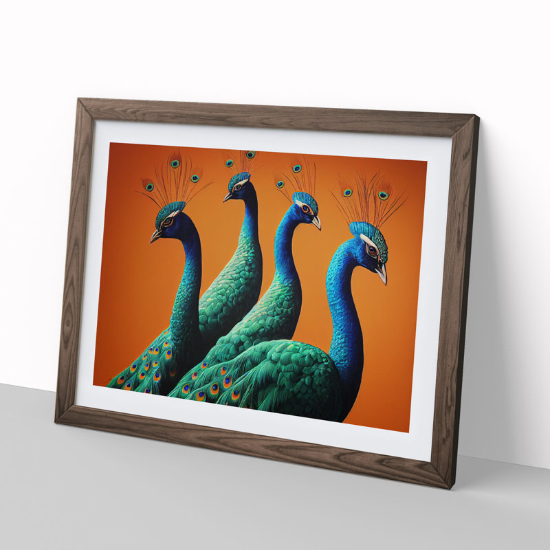 Four Peacocks - Single Picture Frame Print, 25cm H x 34cm W x 2cm D, Walnut Framed