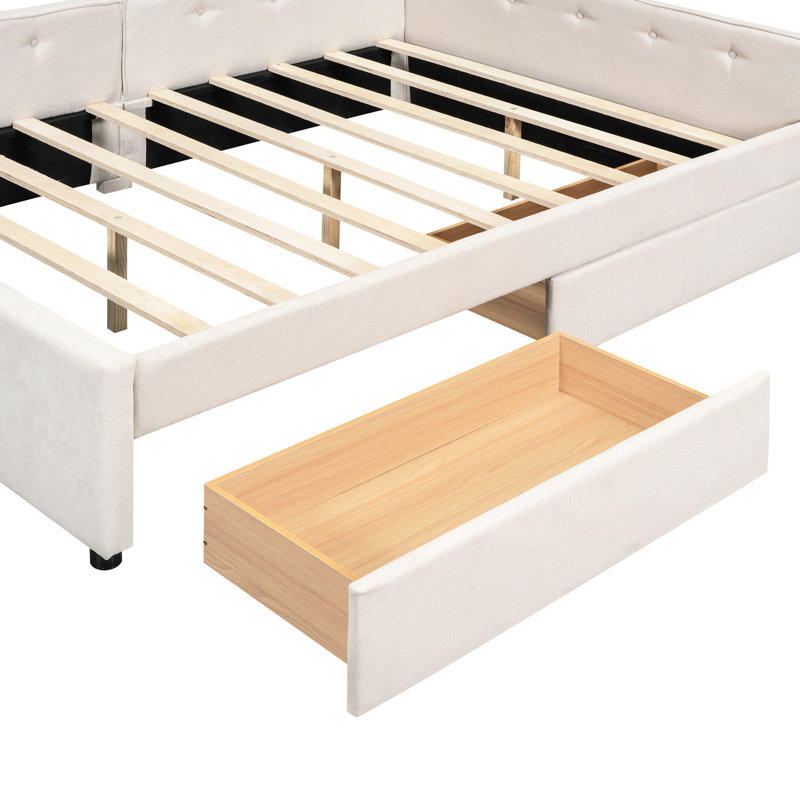 Lit plateforme double avec 2 tiroirs, bois beige, revêtement en lin, sans sommier, aménagement de chambre à coucher, rangement et rangement, organisation