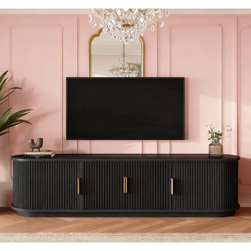 Farmhouse Wooden TV Stand with Sliding Tambour Door, Black