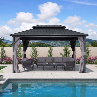 PURPLE LEAF 10' X 14' Gazebo Outdoor Aluminum Gazebo with Heavy Duty Galvanized Steel Double Roof for Patio Backyard Deck, Netting and Curtains Included, Grey