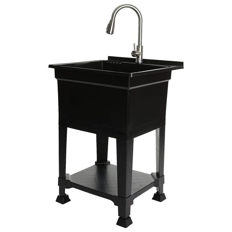 UTILITYSINKS Plastic 24" Compact Workshop Freestanding Laundry Sink with Faucet, Black