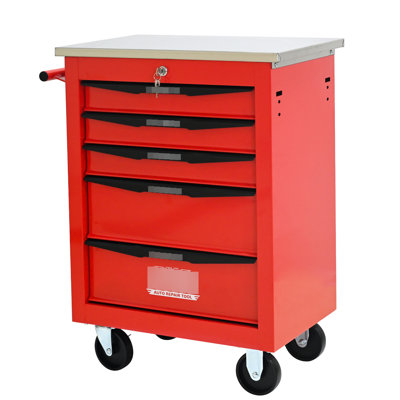 5 Drawers, Metal Rolling Tool Cart, Wheels, Red & Black, Lockable, Pull Handle, 15Kg - Bearing Slide, Workshop Storage 6 Drawers Car With Black And Blue, , Removable, 4 Steering Wheels  2 Parking