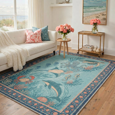 Tapis bleu / rose lavable à la machine avec envers antidérapant