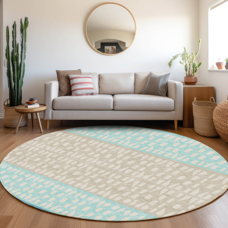 Premium Machine Washable Prisco Teal Rug, Round 8'