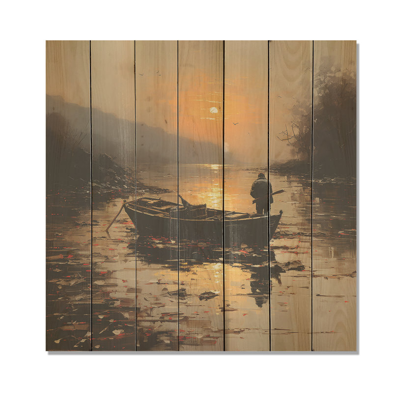 Pêche au bord de la lune orange et brune au bord du lac - Bateau de pêche sur bois, H 25 po x l 25 po