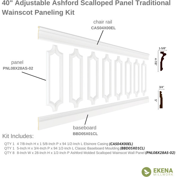 12W x 28H x 1/2P Ashford Molded Scalloped Wainscot Wall Panel 