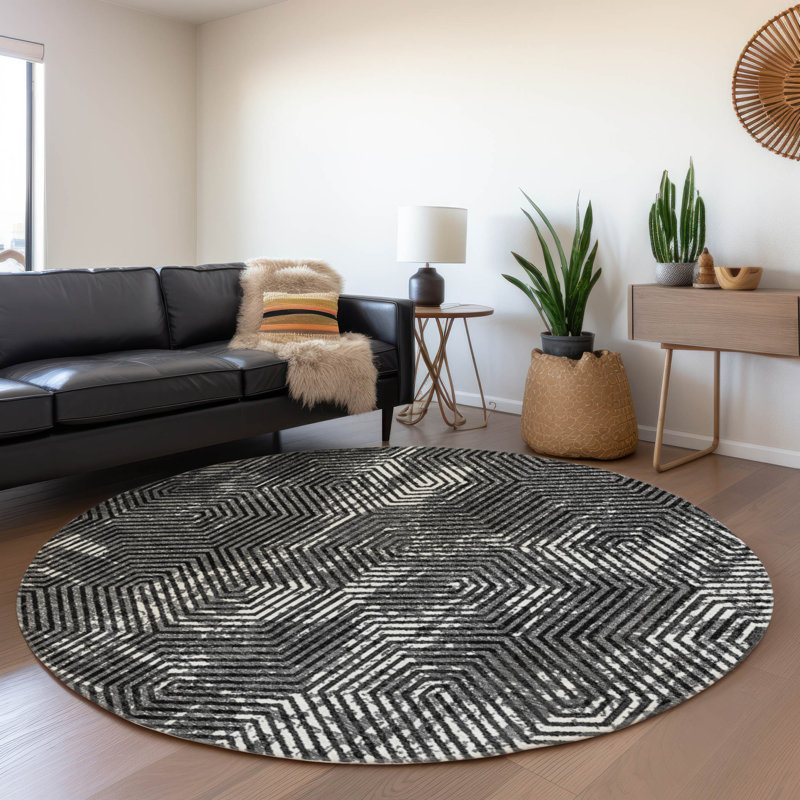 Premium Machine Washable Prisco Black Rug, Round 8'