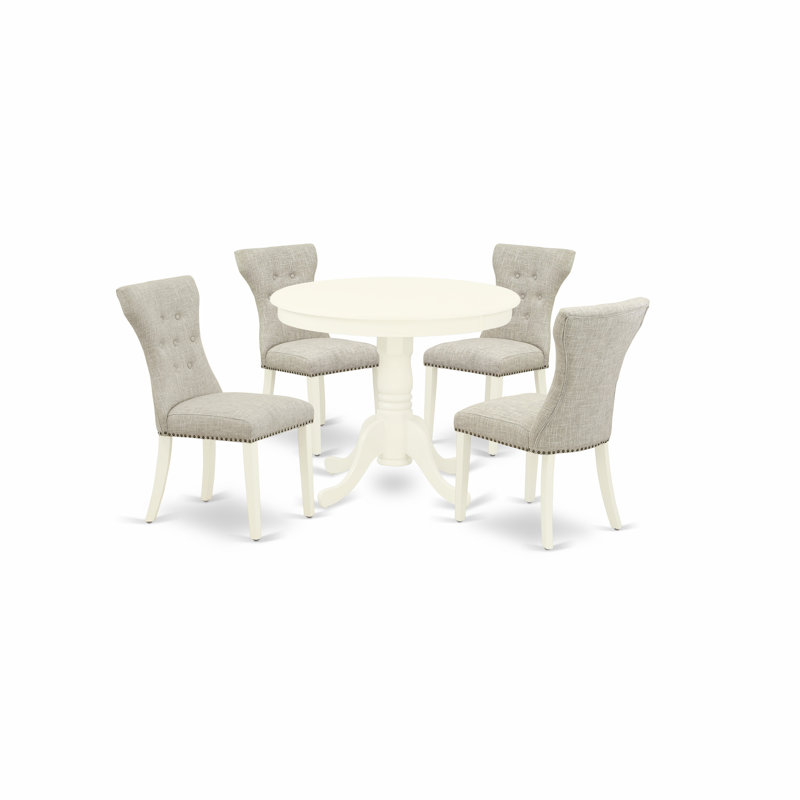 L'ensemble de table de salle à manger 5 pièces pour 4 personnes comprend une table de cuisine ronde avec piédestal et 4 chaises Parson rembourrées en tissu de peau de lin, 36 x 36 pouces, blanc lin
