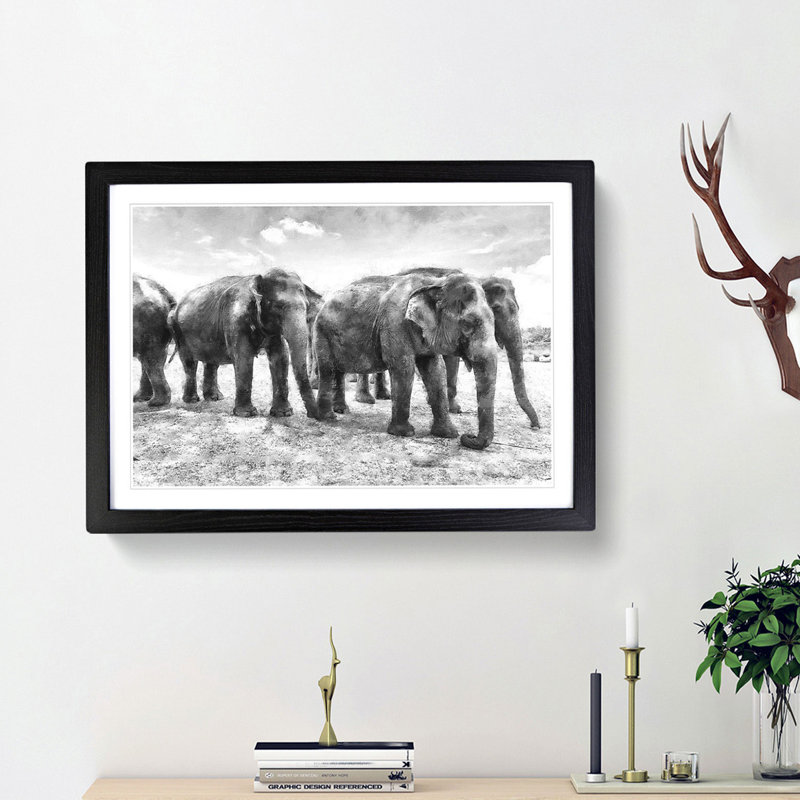 Elephants in Sri Lanka - Framed Print, 45cm H x 63cm W x 2cm D, Black Framed