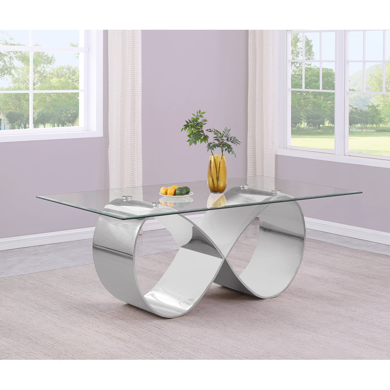 Grand Tempered Glass Dining Table With Stainless Steel Base, 30”H x 78”L x 42”W, Silver