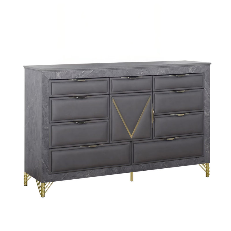 Commode large Semy, 10 tiroirs, 1 armoire, bois gris anthracite, or