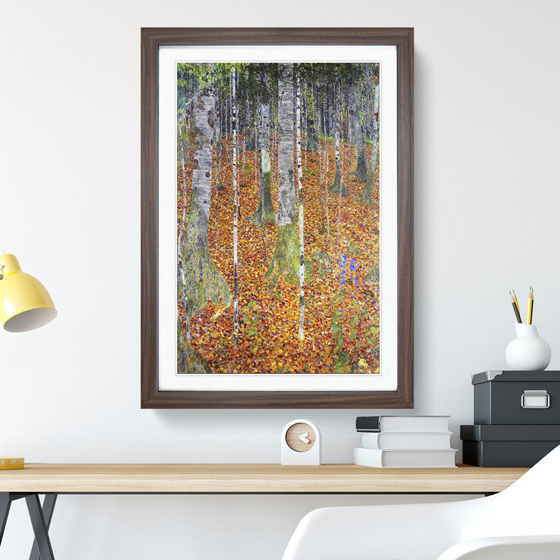 Birch Forest by Gustav Klimt - Picture Frame Painting on MDF, 48cm H x 36cm W x 2cm D, Walnut Framed