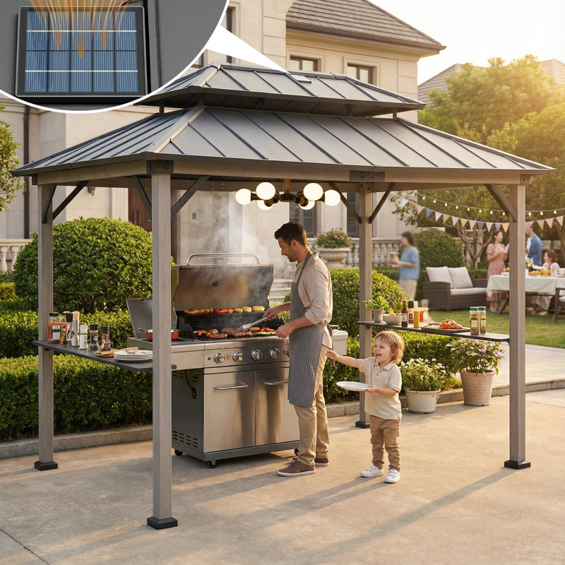 Sunjoy 8' x 12' Wooden Grill Gazebo with Built-in Solar Panel 9.5' Tall Hardtop Outdoor Barbecue BBQ Gazebo with Larger Steel Double Roof, 2 Side Shelves for Deck, Lawn, Backyard, Gray