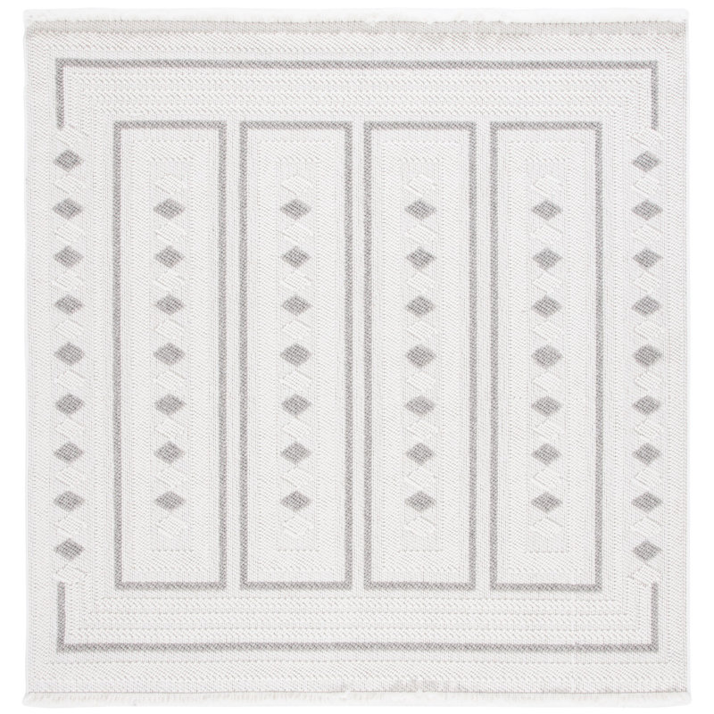 Tapis gris tissé à la machine à motif géométrique, Carré 6 pi 7 po