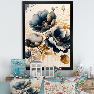 Bleu marine et coquelicots dorés II - reproduction sur toile