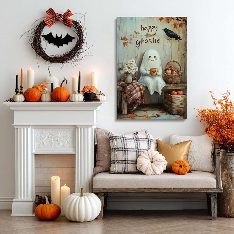 Cute Ghost Drinking Coffee Fall Halloween Canvas Wall Art 40x60cm