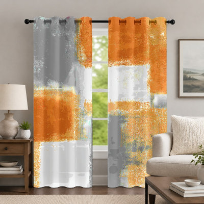 2 pièces rideaux abstraits orange et gris, rideaux de style géométrique, rideaux à œillets à imprimé de blocs de couleurs texturés contemporains, habillage de fenêtre pour le décor de la chambre à coucher