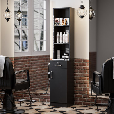 Station de rangement autoportante pour salon de beauté Carnkirn, avec tiroir et tablettes ouvertes, support pour sèche-cheveux