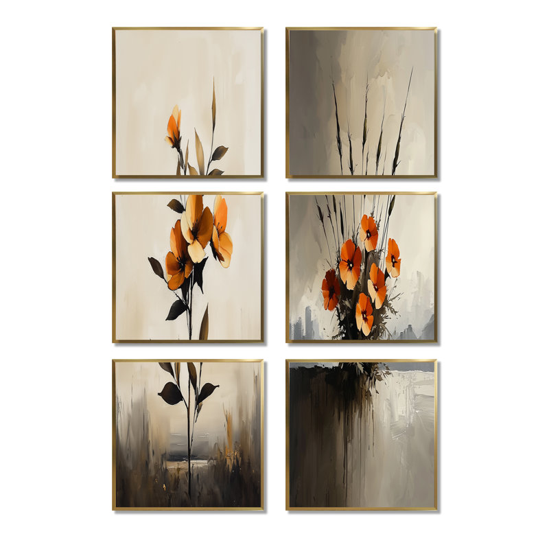 «Monochim Marigold Solitude» - ensemble de 6 reproductions d'art mural floral, Impression encadrée sans passe-partout, Doré