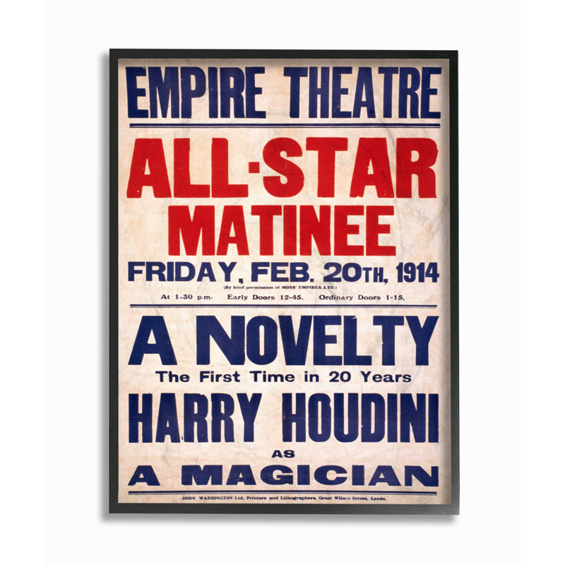 « empire theatre harry houdini », affiche rétro, H 20 po x l 16 po, Giclée encadrée noir minuit