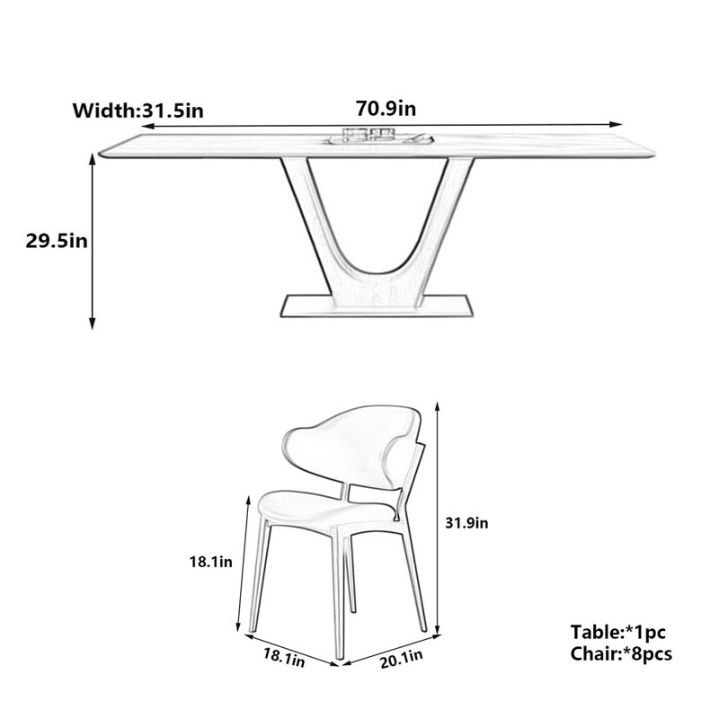 Table de salle à manger en pierre matte avec structure en bois de frêne, H 29,9 po x L 70,9 po x l 31,5 po