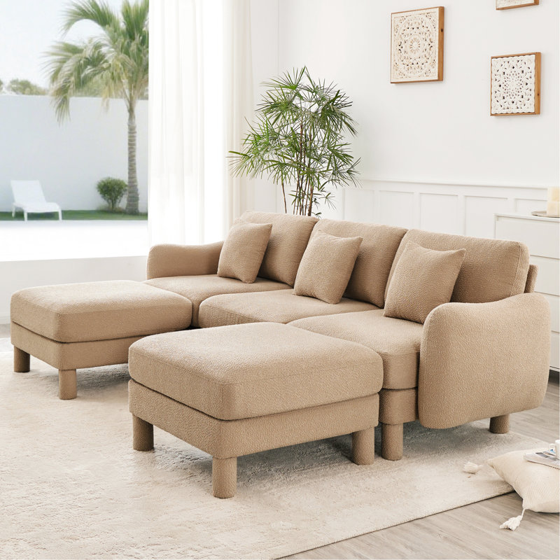 Canapé modulaire en U 3 de couleur café, tissu bouclé avec 2 repose-pieds et pieds de lecture uniques, modernes, en tissu, 3 repose-pieds en forme de coquillage, pieds cylindriques auto-enveloppés,