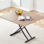 Bureau de levage moderne minimaliste avec surface autocollante grain de bois et cadre en métal noir