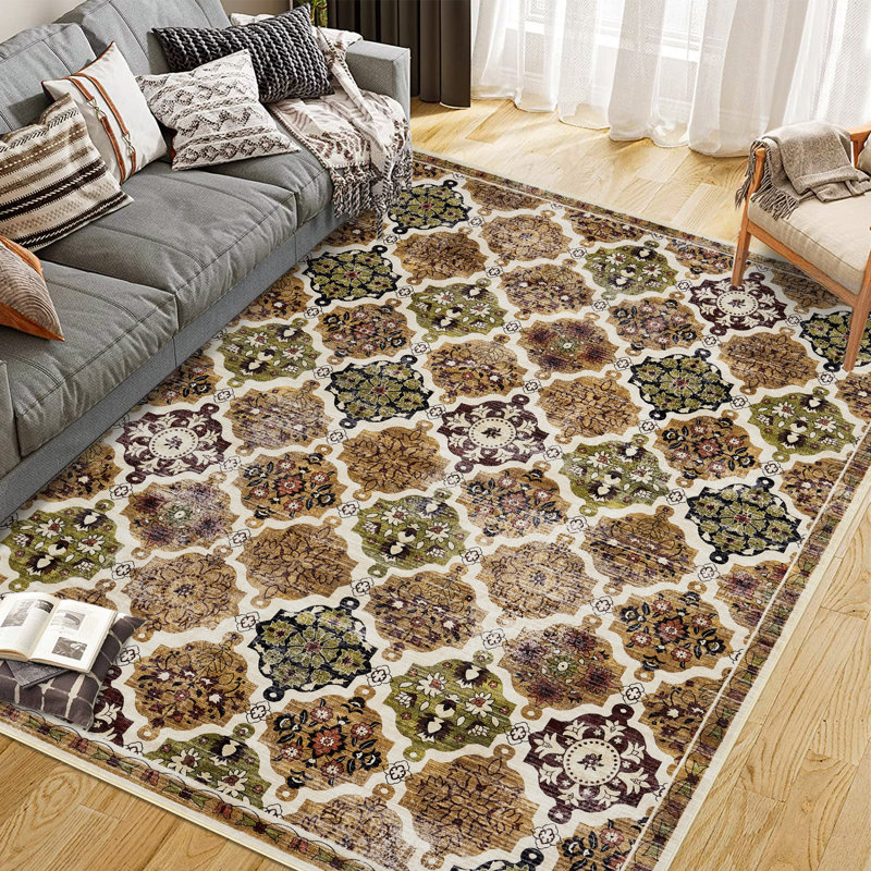 Boho Floral Checkerboard Area Rug - Washable Non-Slip Faux Wool Carpet - Ideal for Bedroom Living Room Kitchen Office Entryway Bathroom