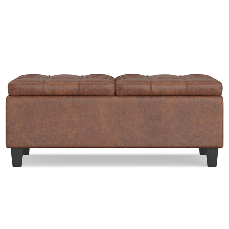 Ellis 36"W Upholstered Square Coffee Table Storage Ottoman with Split Lift Top, Distressed Saddle Brown Faux Leather