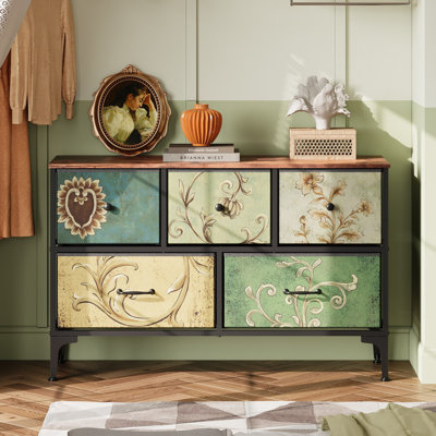 Amanah 39.4" W 5-Drawer Dresser with Wood Top, Floral Painted Bedroom Dresser with Sturdy Steel Frame, Chest of Drawers for Livingroom, Closet, Dorm