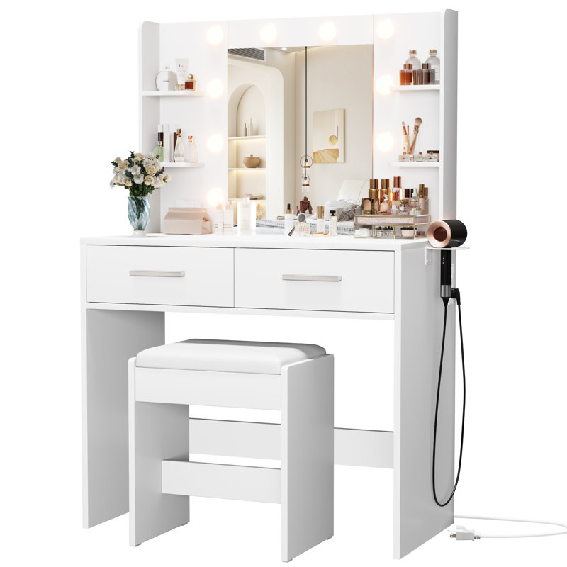 Makeup Vanity Desk with Lighted Mirror & Power Outlet, Makeup Vanity with stool, White