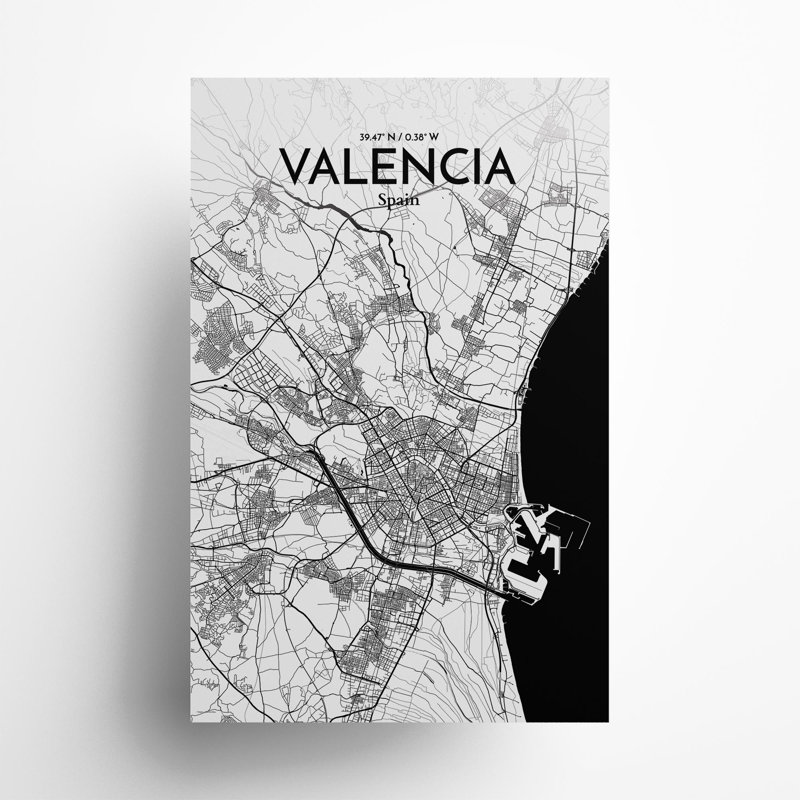 Valencia, carte de la ville, impression, H 17 po x l 11 po, Noir et blanc