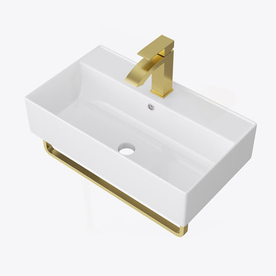 21"X12" Wall-Mounted Rectangular Ceramic Bathroom Sink With Gold Towel Bar & Overflow, Gold Faucet