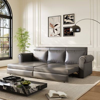 Grey 31 Convertible Faux Leather Sleeper Bed, 93.7" With Nailhead Trim, In Bedroom Or Living Room King Size Grey, For And