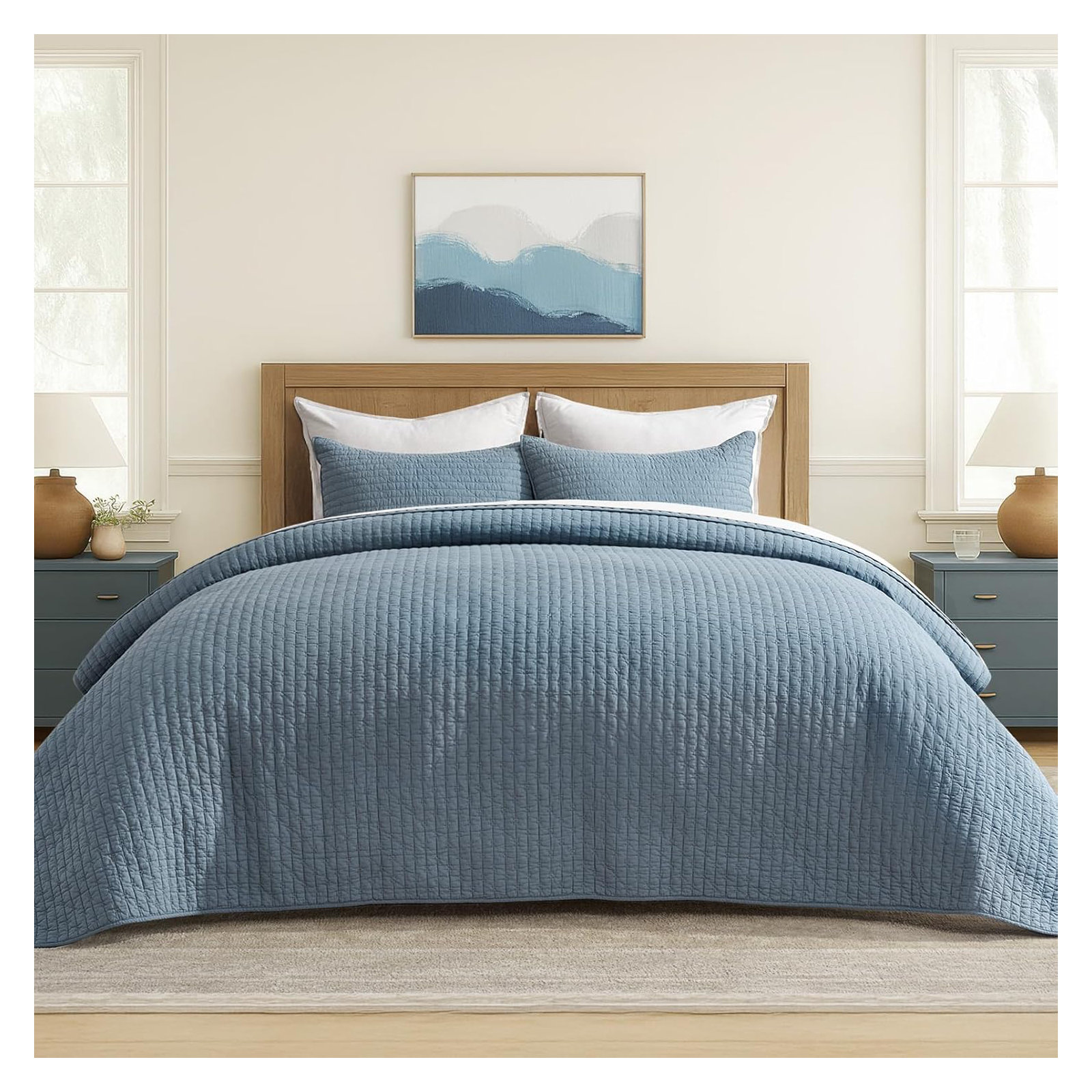 Cross Stitch Cotton Quilt set, Dusty Blue, Oversized CalKing Quilt+2Oversized Cal King Shams