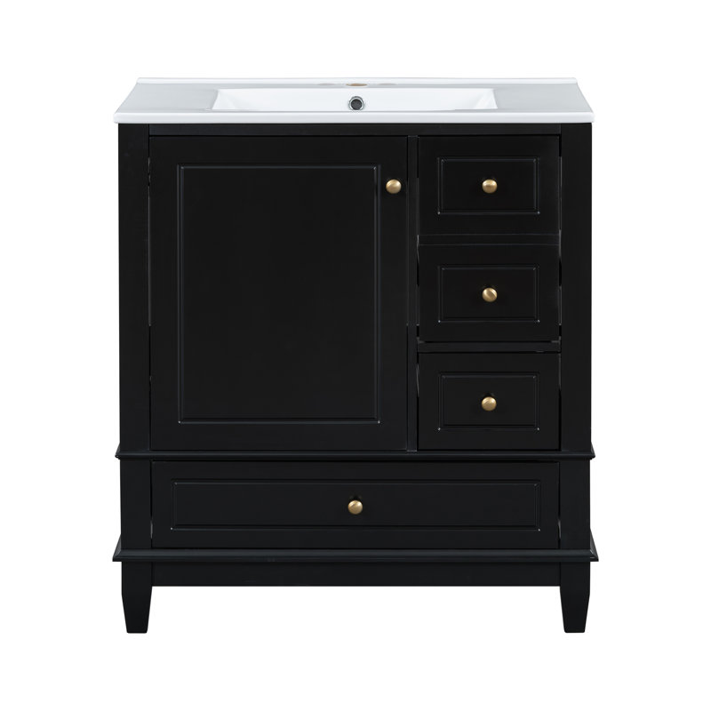 Meuble-lavabo 30 po avec lavabo, une porte avec tablette et trois tiroirs, Noir
