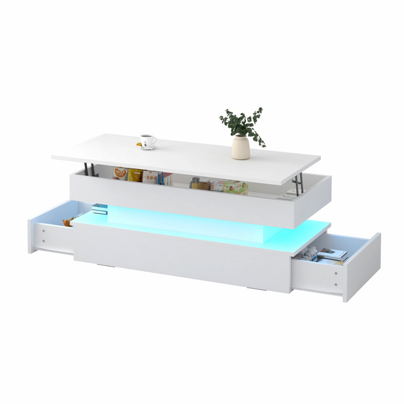 Foldable Coffee Table With Drawers And Adjustable Height Option, White Rectangular Drawer Efficiency