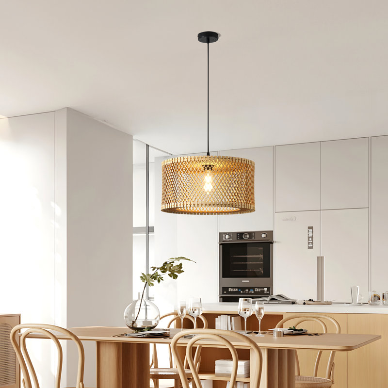 1 - Light Farmhouse Boho Wooden Caged Pendant Light