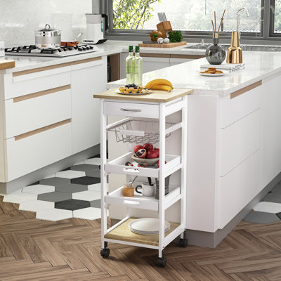 Chariot de cuisine mobile, îlot de cuisine roulant avec rangement, chariot utilitaire à cadre en bois massif avec paniers à fruits en fil de fer, plateaux et tiroir, blanc