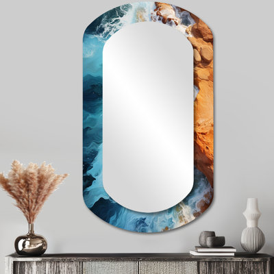 Vue aérienne de la plage rocheuse bleue et orange I - Formes asymétriques côtières - Grand miroir mural nautique