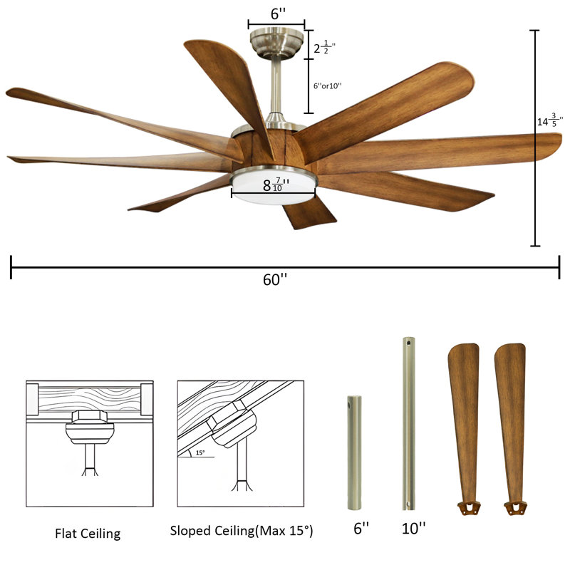 Ventilateur de plafond moderne de 60 po avec lumière et télécommande, 3 lumières de couleur, 6 vitesses, moteur à courant continu réversible silencieux, minuterie