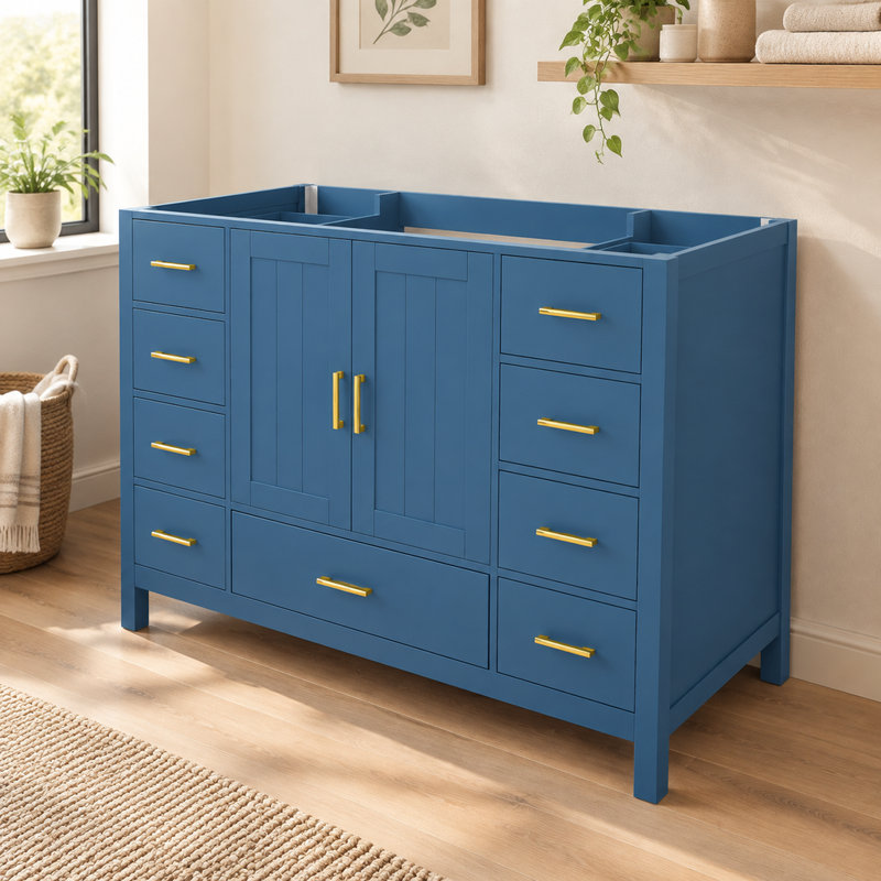 Meuble-lavabo bleu de 42,14 pouces avec portes doubles à fermeture en douceur et 9 tiroirs