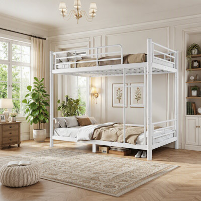 Lit superposé simple TG au-dessus de simple TG pour les adolescents et les adultes, peu encombrant / sans bruit de sommier, tube rond, converti en deux lits, blanc