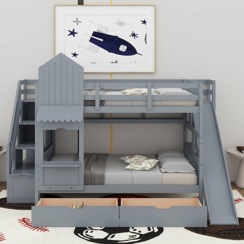 Lit superposé double de style château avec 2 tiroirs, 3 tablettes et glissade, Gris