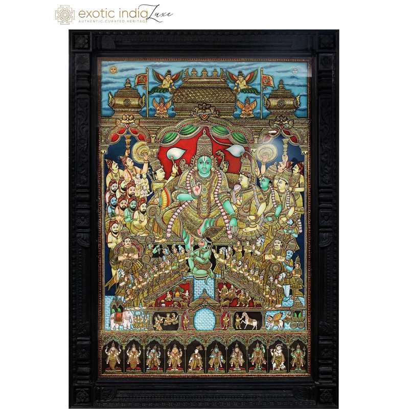 Peinture traditionnelle sri-pama Pattabhishekam | Art mural en feuille d'or 24 carats primé | Scène de couronnement Ramayana fabriquée à la main | Décoration de temple authentique | Décoration spirituelle avec ornement doré