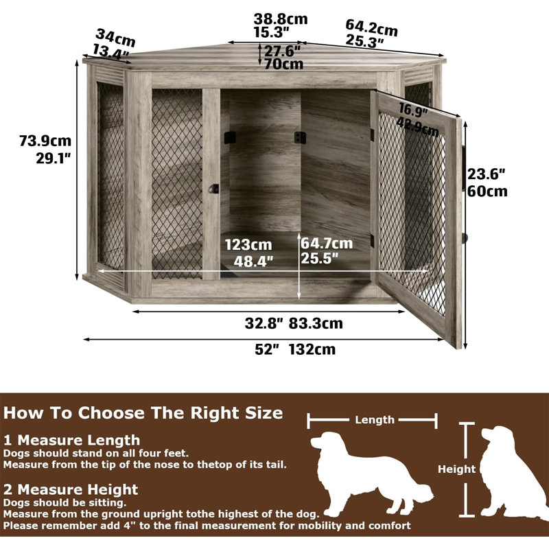 Caisse pour chien Bromborough, H 29,1 po x l 52 po x P 27,6 po, Gris