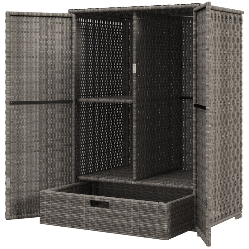 Outdoor Storage Cabinet With Shelves, Rattan Pool Towel Storage Cabinet With Removable Shelf & Drawer, Dark Gray