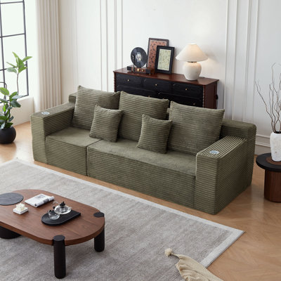 Canapé modulaire en velours côtelé avec 2 coussins et porte-gobelets